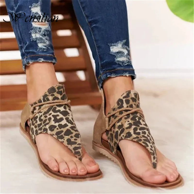 Letné Sandále Ženy Pláže Topánky Dámy Leopard Tlač Topánky Žena Ploché Sandále Gladiator Sandalias Žena Zapatos De Mujer 2020
