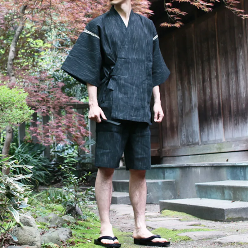 Letné Tenký Prúžok Tradičné Japonské Kimono Mužov Seersuckers Yukata Mužov Župan Nastaviť Kimono Fáze Výkonu Samuraj Oblečenie