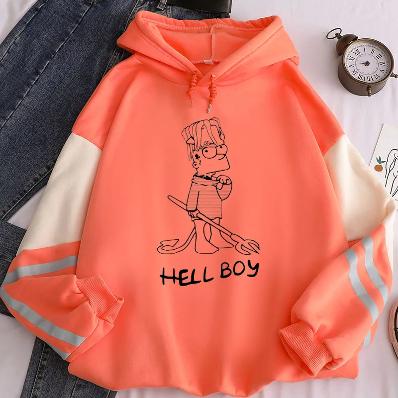 Lil peep Hellboy Bart Simpson štýl s kapucňou, Tlačené Ženy Zimná Fleece Mikina Kapucňou mikiny Patchwork Pulóver