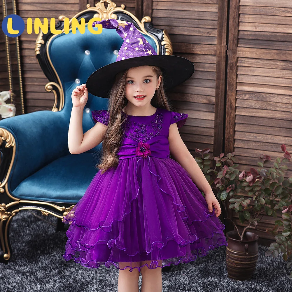LINLING 2 Farby Dievča Kostým, Šaty s Klobúkom Halloween Cosplay Kostým Čarodejnice Malý Diabol Party Šaty Deti Oblečenie V486