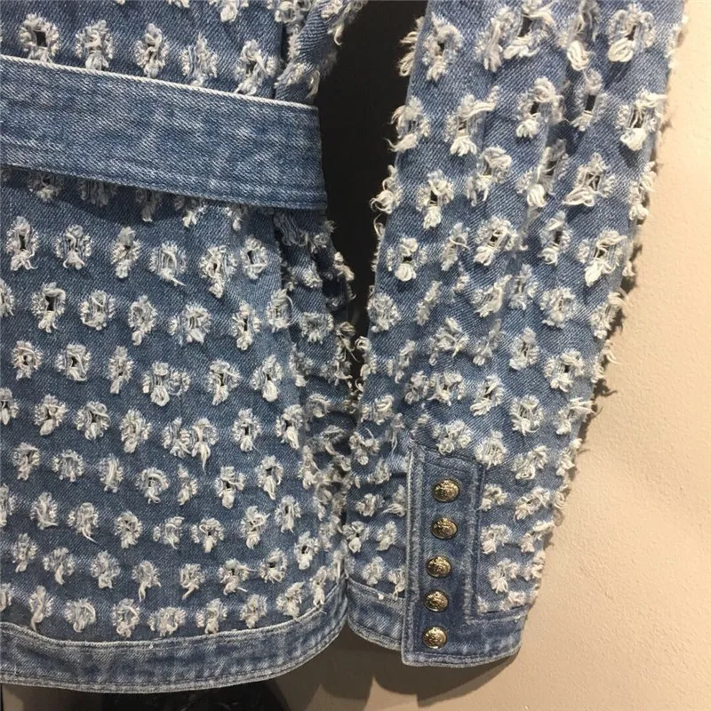 [LIVIVIO] Vintage Blue Denim Jacket S Pásom v strede zúžený Roztrhlo Hole Ženy Kabát 2019 Jeseň Dlhý Rukáv Vrecká Streetwear Nové