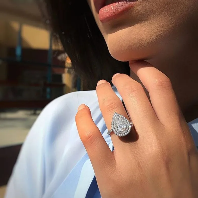 Luxusné hruška pevné 925 sterling silver zásnubné prstene pre ženy Lady Diamond svadobné drop krúžok výročie šperky hromadne predávať