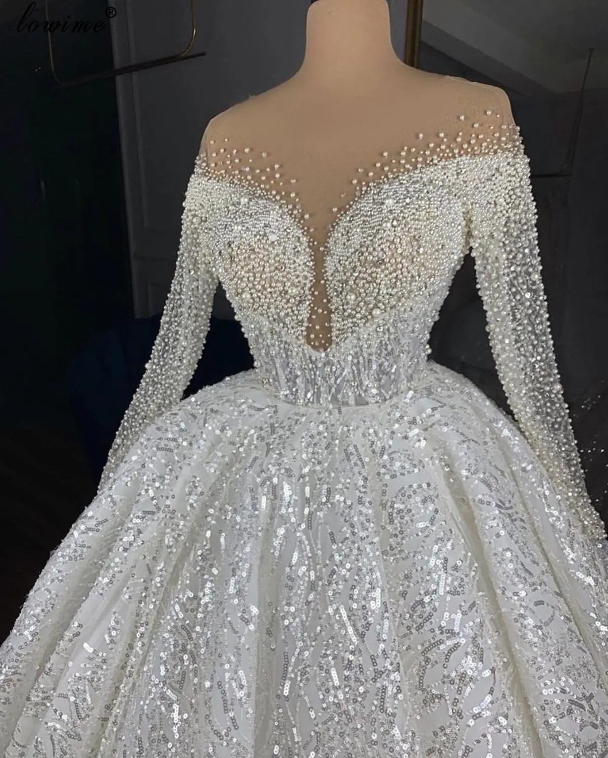 Luxusné Princezná Perly Svadobné Šaty 2020-Line Dlhé Rukávy Svadobné Šaty Lesklé Vestido De Noiva Flitrami Župan De Mariee
