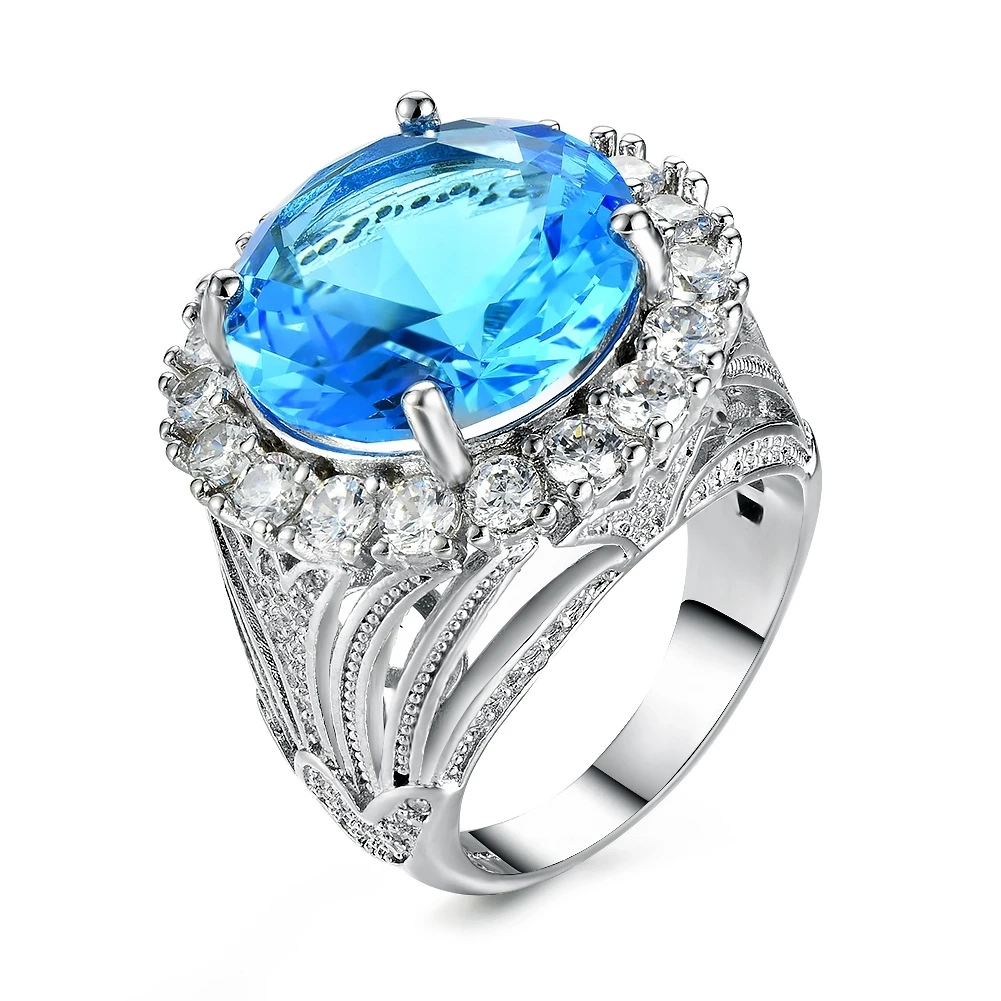 Luxusné Značky Princezná Rez Big Sky Blue Zásnubné Prstene Pre Ženy Drahokamu Kryštály Módne Romantický Večnosti sapphire krúžok