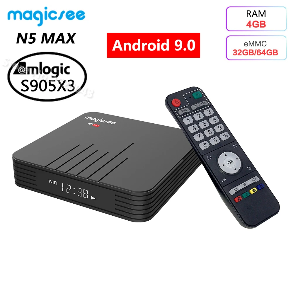 Magicsee N5 MAX Android 9.0 TV Box, 4 GB RAM, 32 GB, 64 GB ROM Amlogic S905X3 Media Player 2.4 G 5G WiFi Bluetooth 4.1 4K HD Smart Box