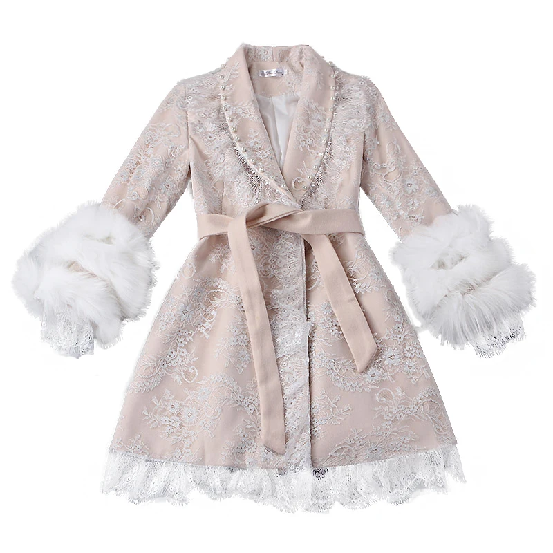 Malé vôňa Ženy Vintage Korálkové Vlny s Čipkou Opasok Imitácia Fox Kožušinový Kabát pre Ženy Vlnené Kabáty Ružová