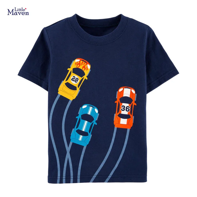 Malý Maven Nové detské Letné Modrá Automobilový Závod Automobilov Tlačené O-krku - Krátke rukávy Bavlna Pletené Chlapci Bežné Tshirts