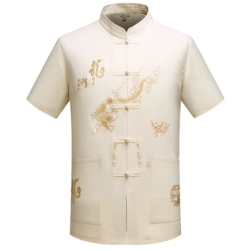 Mandarin Golier Kung-Fu Tai Chi Jednotné Tradičný Čínsky Drak Oblečenie Tang Vyhovovali Top Letná Bavlnená posteľná Bielizeň Tričko Muži M-XXXL