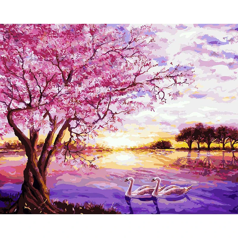 Maľovanie Podľa Čísel DIY Dropshipping 50x65 60x75cm Krásne fialové labutie jazero Scenérie Plátno Svadobné Dekorácie Umenie obrázok Darček