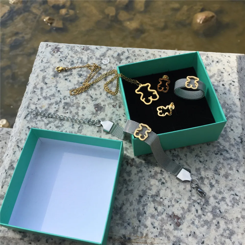 Medveď šperky set náušnice, prsteň náramok, náhrdelník 8ks 2set luxusné šperky z nerezovej ocele, šperky nastaviť ako najlepší darček