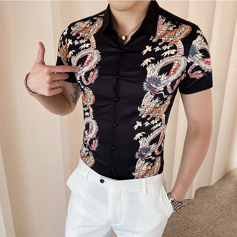 Mens Vytlačené Letné Tričko-Krátke rukávy kórejský Módne Slim Fit Bežné Singel svojim Dragon Muži Biele Tričko Black M-4XL