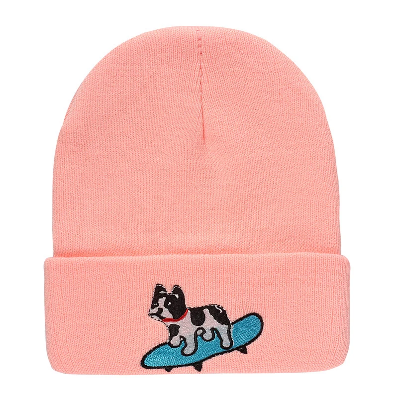 MingJieBiHuo nové módne Jesenné a zimné tvorivé hip hop vlna klobúk Pes na skateboarde výšivky teplé wild pletený hat