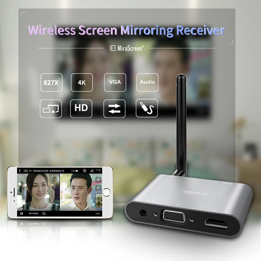 Mirascreen X6W Plus Bezdrôtové Miracast 5G 4K Displej TV stick adaptér 3 v 1 VGA HD AV 1080P Displej wifi Prijímač Dongle