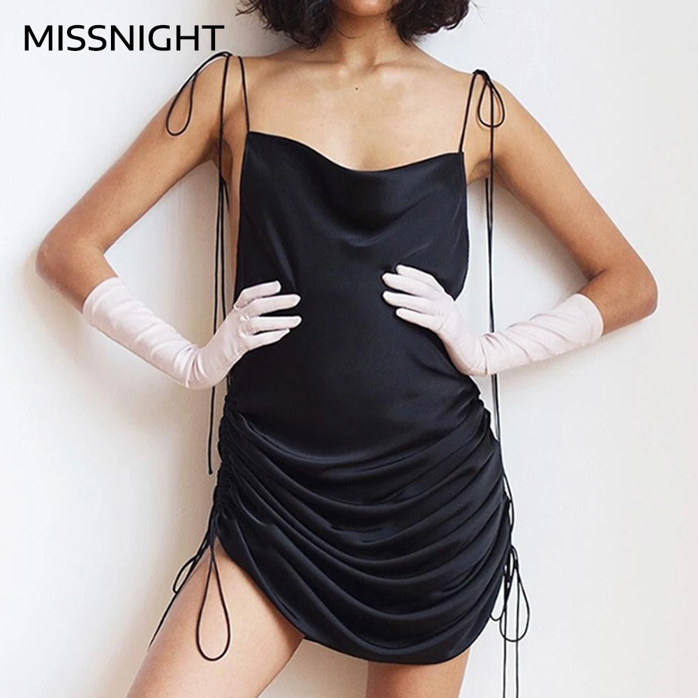 MissNight Saténový Pásik Obväz Ruched Nastaviteľné Sexy Mini Šaty Čipky Backless Bez Rukávov Ženy Lete Roku 2020 Strany Klubu Šaty