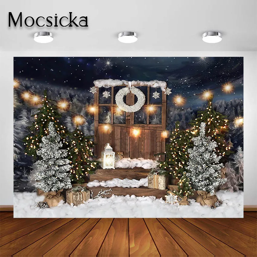 Mocsicka Vianočné Fotografie Pozadie Vintage Drevené Dvere Vianoce Na Snehu Strom Zimné Portrét Strieľať Pozadí Photocall