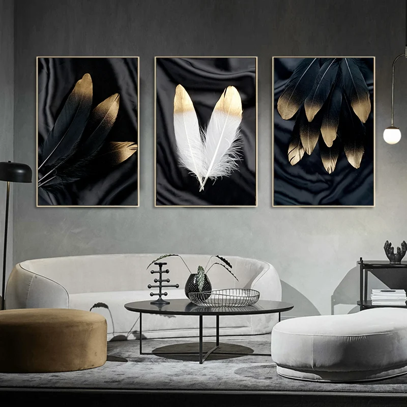 Moderné Čierne Biele, Zlaté Pierko Plátno Abstraktné Maľby Nástenné Art Nordic Plagát a Vytlačiť Obrázok, Obývacia Izba Domova