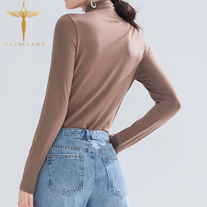 Modálne Pol-Vysoký Golier Dlhý Rukáv Pevné Ženy T-Shirt Kórejský Slim Bavlna Ležérne Oblečenie Elegantné Dochádzať Mäkké Ženské T-Shirt Top