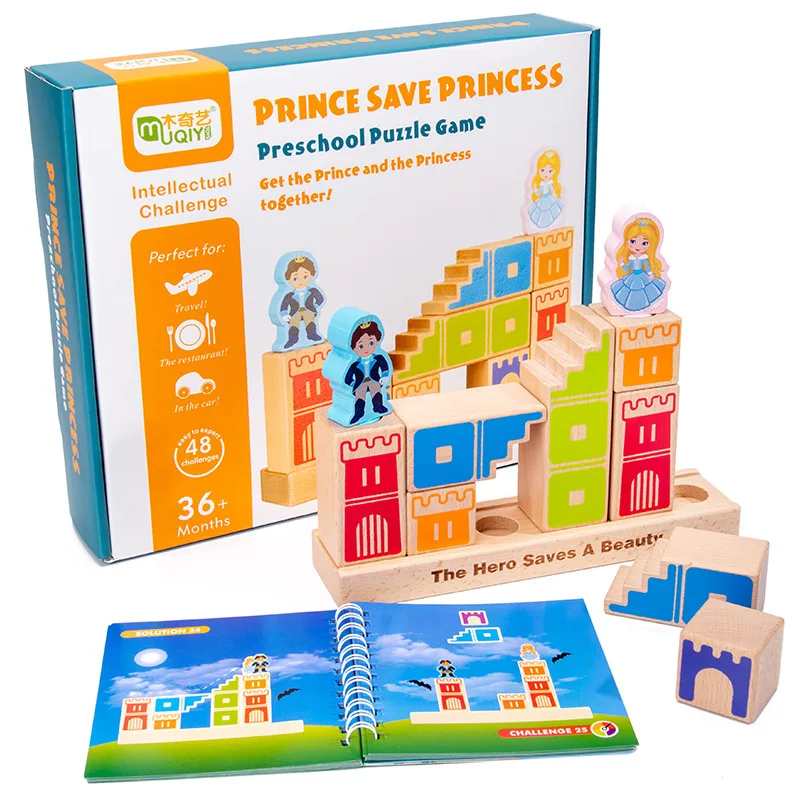 Montessori Drevené Stavebné Bloky, Hračky vzdelávacie hry Prince Zachrániť Princeznú, Interaktívne Hry pre Deti 3d bloky Dary