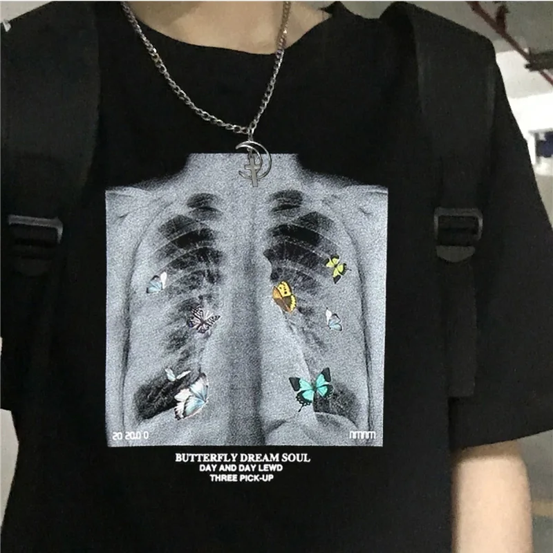 Motýľ Obrázok Topy Tričko Retro Žena T-Shirt Streetwear Harajuku Hip HopTshirt Nadrozmerné t shirt Letné Čierne Biele tričko