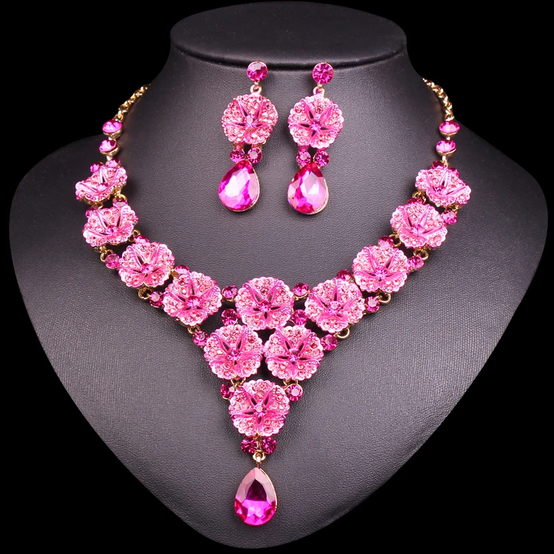 Móda Ružové Kvety Crystal Svadobné Šperky Sady Svadobné Party Kostým Šperky Indiánsky Náhrdelník Náušnice, Sety Pre Nevesty Ženy
