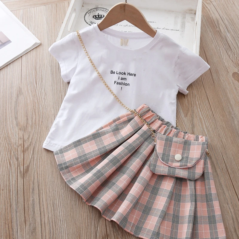 Módne Detské Dievčenské Letné Šaty, Oblek Listy T-shirt Kockované Sukni S voľným Bag 3ks detské Oblečenie Set Pre 3-7 rokov
