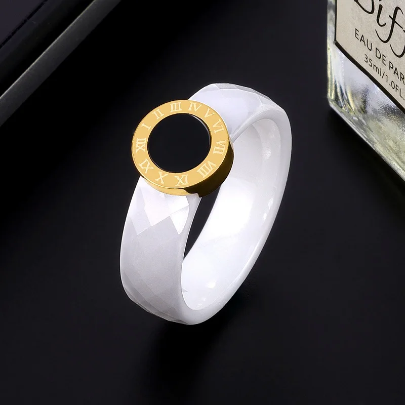 Módne Jednoduché Rez Biele Keramické Stohovanie Krúžok 3 Farby Necitlivá Veľký Čierny Kameň Rímske Číslice Prstene Pre Ženy Šperky