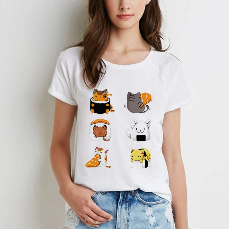 Módne Letné Tričko Kawaii Sushi Cat T Shirt Ženy Grafické Tees Ženy Camiseta Mujer Vintage Nadrozmerné Ženy T-shirt
