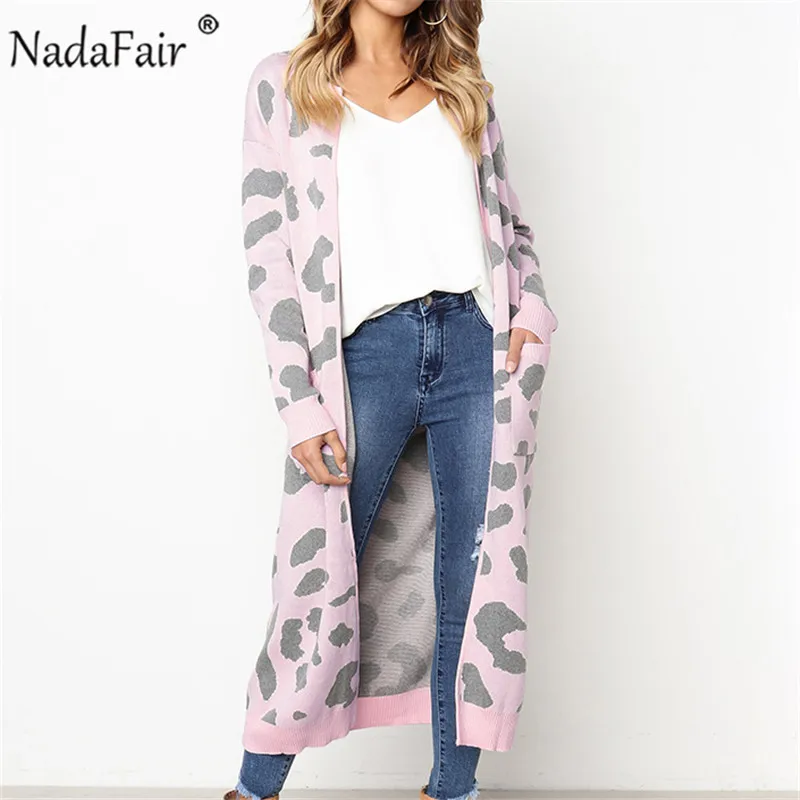 Nadafair Dlhé Pletené Leopard Cardigan Ženy Plus Veľkosť Bežné Zrastov Zimné Nadrozmerné Cardigan Sveter Jeseň Kabát Vytiahnuť Femme