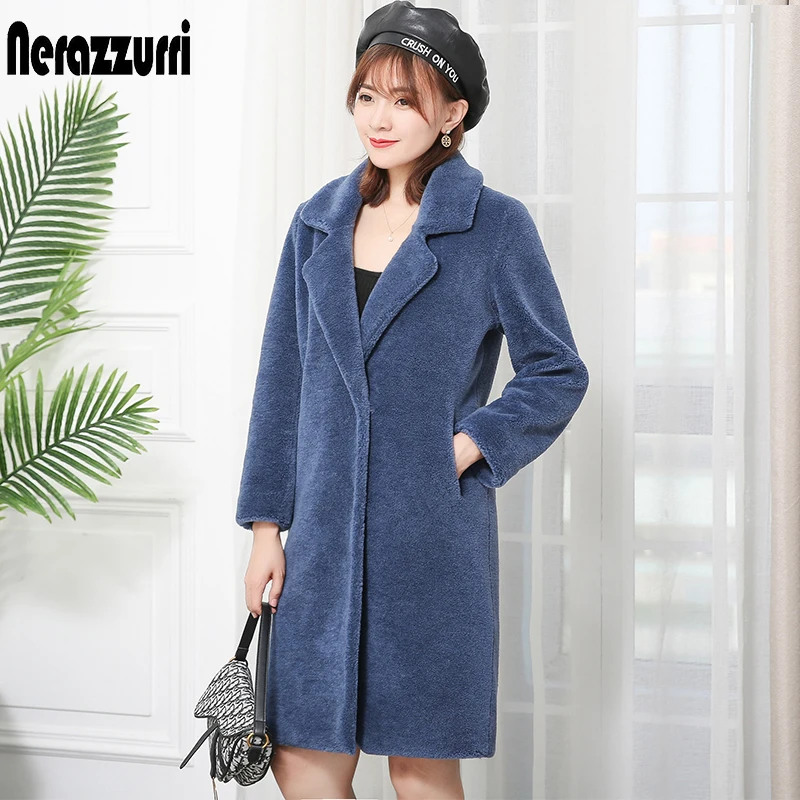 Nerazzurri zimné ženy, skutočné kožušinový kabát drop ramenný s drážkou klope fialové modré originálne shearling teddy bunda ovčia vlna kožušinový kabát