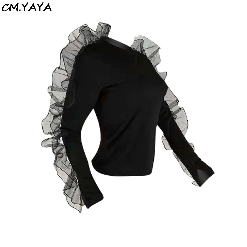 New black fashion ženy volánikmi strane o-krku long sleeve tee topy klasické t-shirts S-3XL plus veľkosť zime jar A811