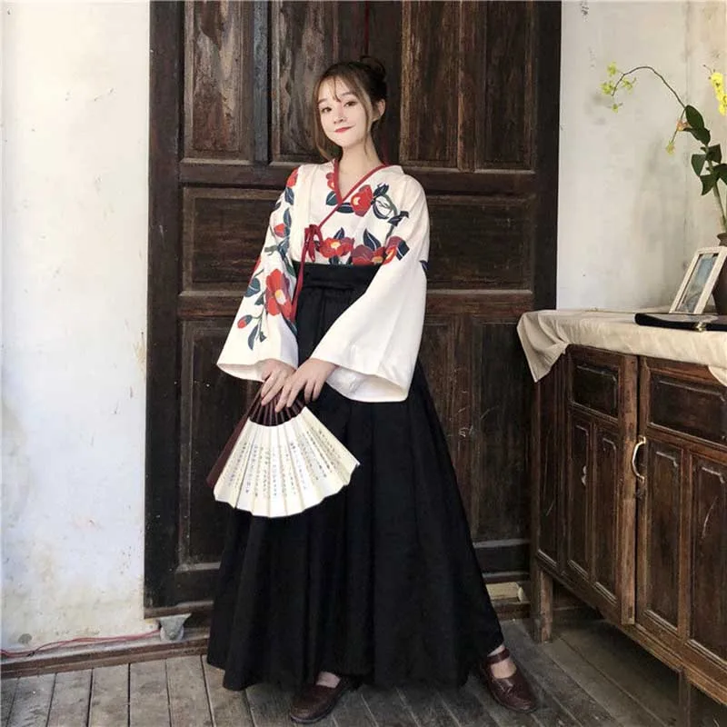 NiceMix Japonský Sladké Kawaill Dievča Kimono Cardigan Dokázať Kimonos Kabát Kvetina Tlače Badange Sukne 2 KS Súpravy, Čierne Šaty