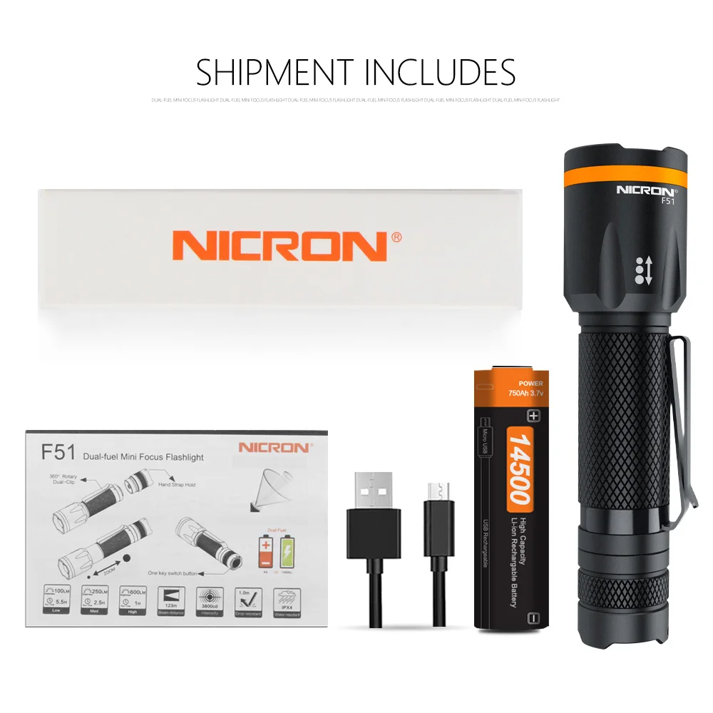 NICRON F51 Zoomovateľnom LED Baterka 600 Lúmenov 14500 Li-ion Batéria IPX4 Nepremokavé Na Koni, Vonkajší Mini LED Baterka Svetlo