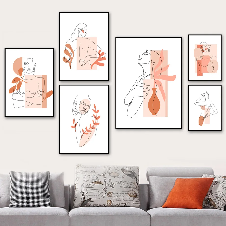 Nordic Minimalistické Línie Dievča Obrázok Orange Listy Wall Art Plátno Maľovaní Plagátov A Potlačou Obrazov Na Stenu Pre Obývacia Izba Dekor