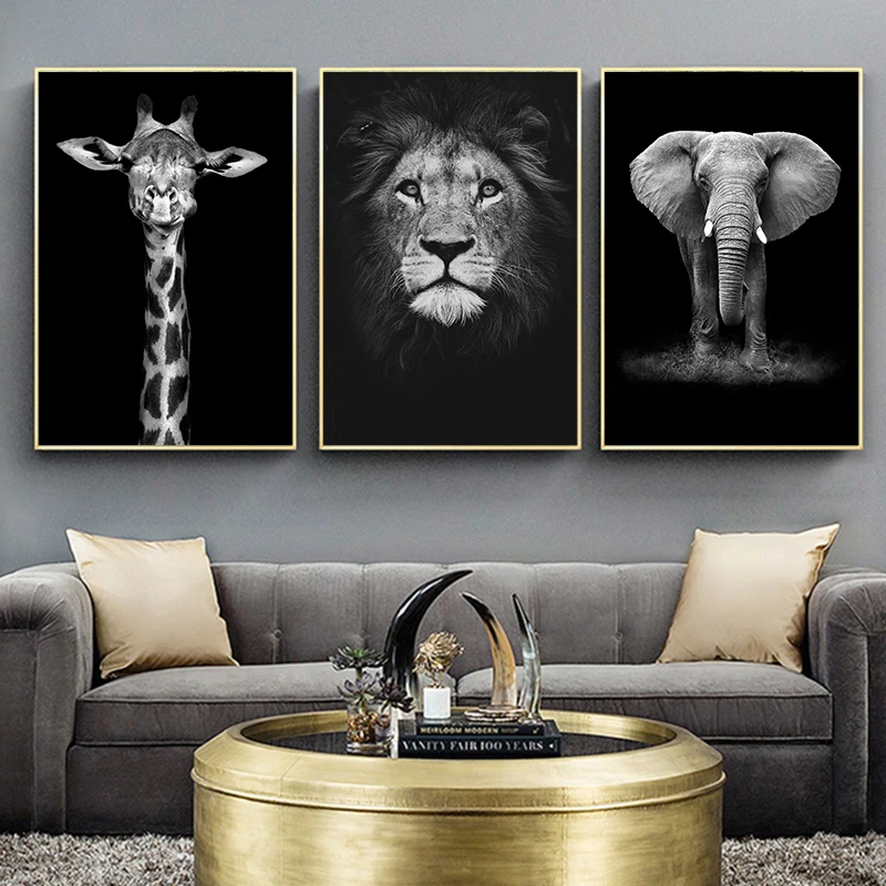 Nordic Čierna Biela Zviera Slon Zebra Lev, Žirafa Rhino Plátno Maľovaní Plagátov a Vytlačí Plagát, Obraz Wall Art Decor