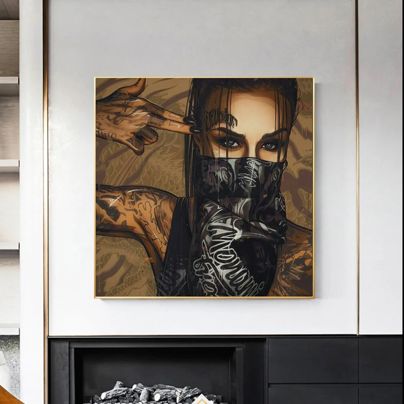 Nosenie Masky Tetovanie Dievča Portrét olejomaľba Plagáty a tlač na Plátno na Stenu Umenie Obrázok pre Obývacia Izba Cuadros Domova