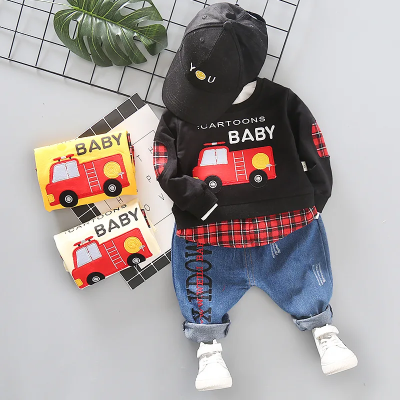 Novonarodené dieťa chlapec oblečenie set pre Nové kreslené bežné dlhým rukávom oblek pre chlapca, vyšívané požiaru truck dlhým rukávom dva-koláč