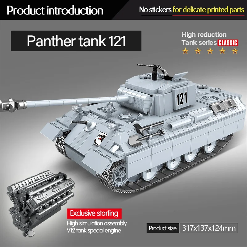 Nové 990pcs Vojenské WW2 Panther Nádrže 121 Stavebné Bloky Technic Mesto WW2 Tank Model Vojak Tehly Hračky