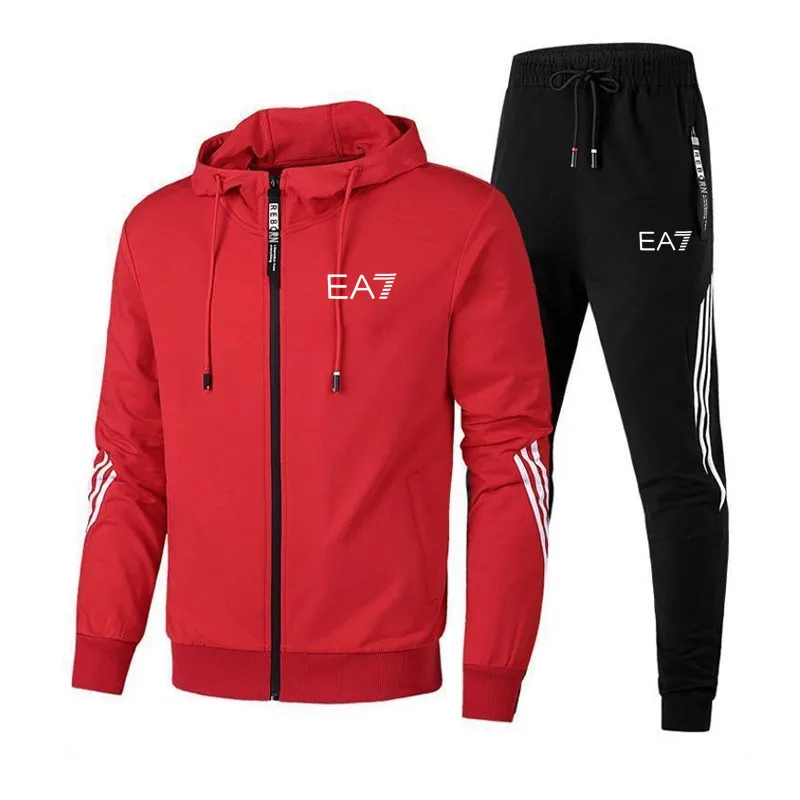 Nové EA7 pánske Jesenné Farby na Zips, s Kapucňou + Nohavice Dva Kusy Príležitostné Športové pánske Športové Gym Značky Oblečenie Športové