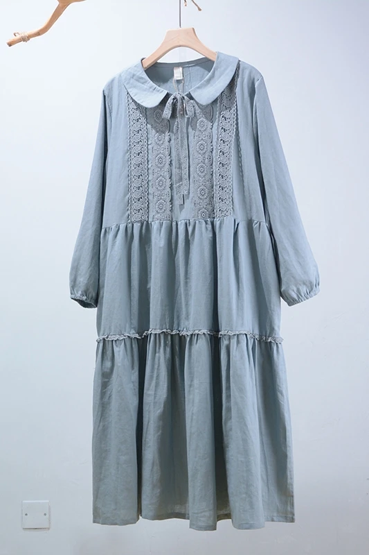 Nové jesenné šaty s dlhým rukávom bavlna bielizeň šaty voľné Japonskom mori štýl bežné šaty