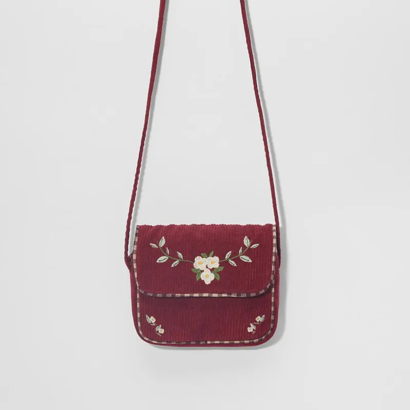 Nové retro literárny červené víno bavlnený menčester textílie žien biely kvet, výšivky messenger bag taška cez rameno