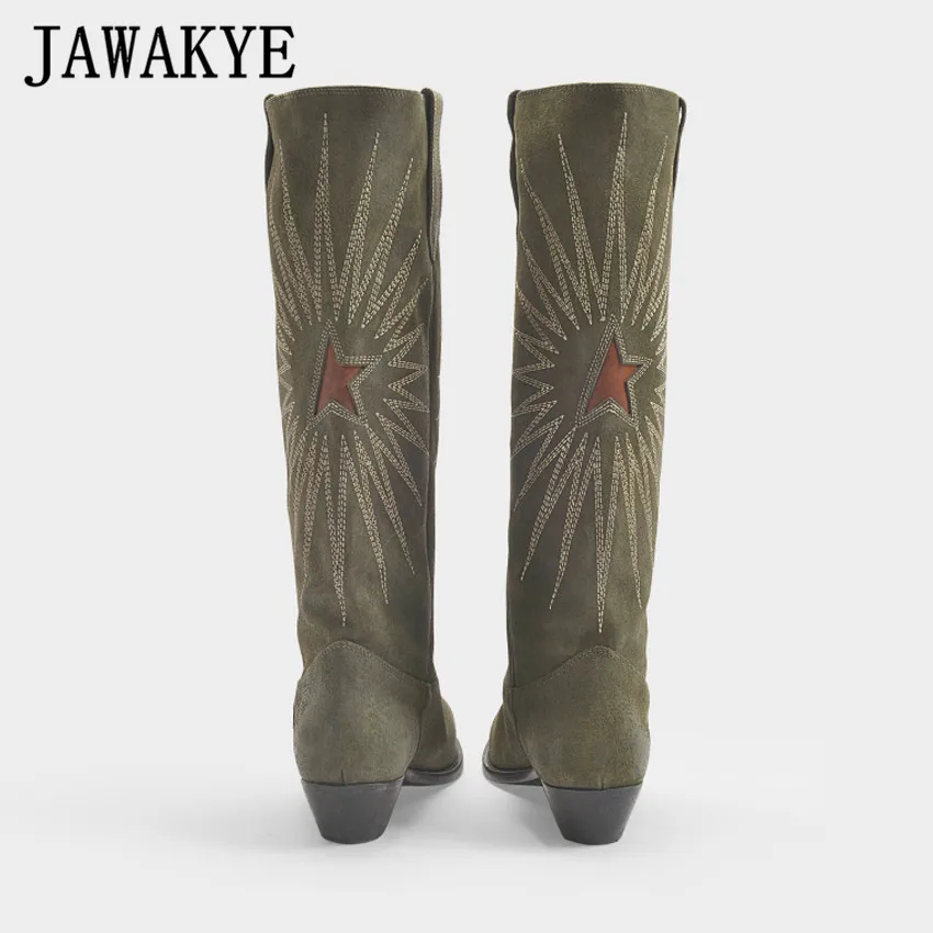 Nové semiš Výšivky kolená vysoké topánky Ženy armády zelený bod prst mačiatko päty Dlhé Zimné Topánky kovboj rytier topánky Žene botičky