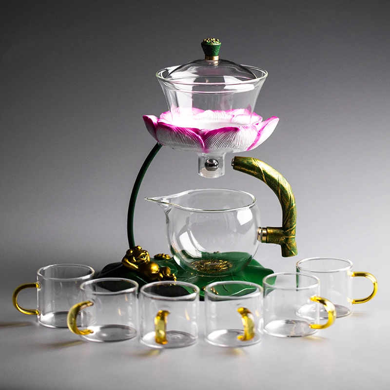 Nové sklo čaj nastaviť lotus magnetické vody odkanalizovanie rotujúci kryt misy semi-automatické čaj maker lenivý kanvica