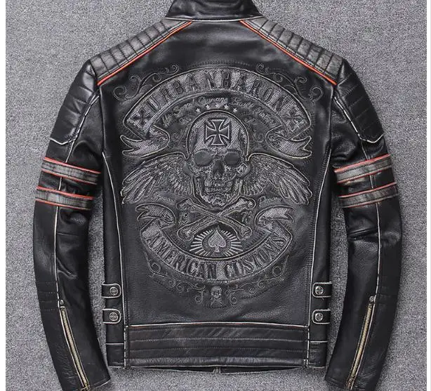 Nové Voľný predaj Značky plus veľkosť black mužov lebky kožené Bundy pánske originálne Kožené biker jacket.motorbiker kabát