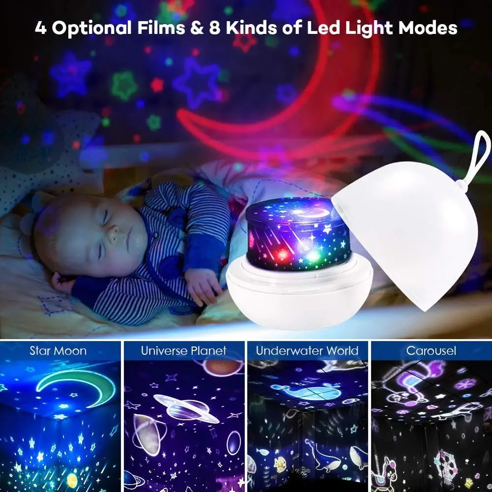 Nočné Svetlo Projektora Pochúťka, 4 sady Filmy 360° Otáčanie 8 Svetelné Režimy LED Nočné Osvetlenie na Čítanie pre Deti Baby Spálne Dekorácie