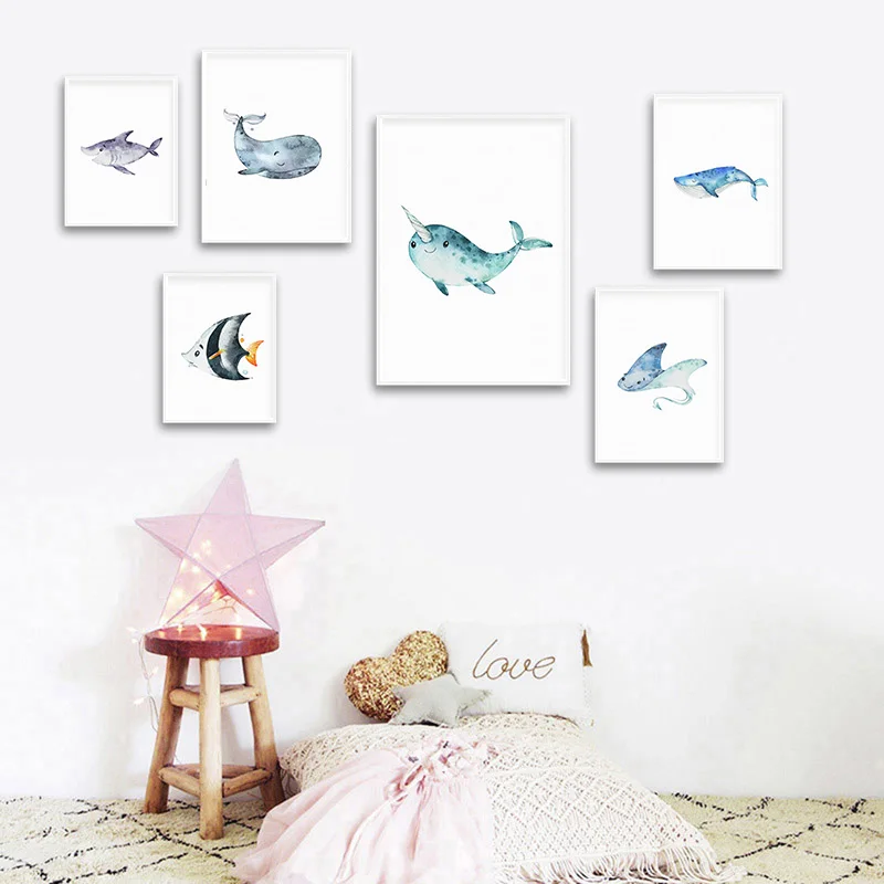 Námorné Mora Škôlky, Maľovanie Žralok Veľrybí Ryby Plátno Plagát Zvierat Art Print Stenu Obrázok, Nordic Deti Baby Spálne Dekorácie