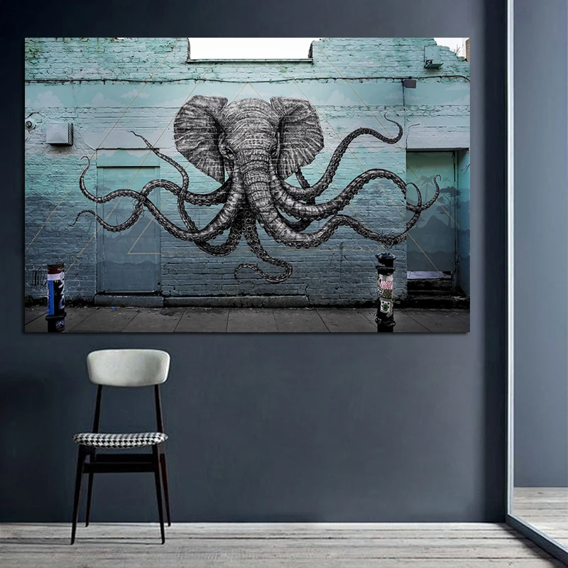 Nástenná maľba z Slon Octopus Tvor Maľovanie Tlač na Plátno Pop Art Zvierat Stenu Obrázok pre Obývacia Izba Cuadros Decor Č Rám