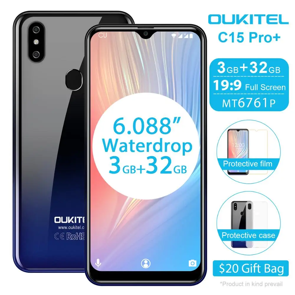OUKITEL C15 Pro Android 9.0 3GB RAM, 32GB Mobilný Telefón MT6761 Odtlačkov prstov na Tvár ID 4G LTE Smartphone 2.4 G/5G WiFi Waterdrop Obrazovke