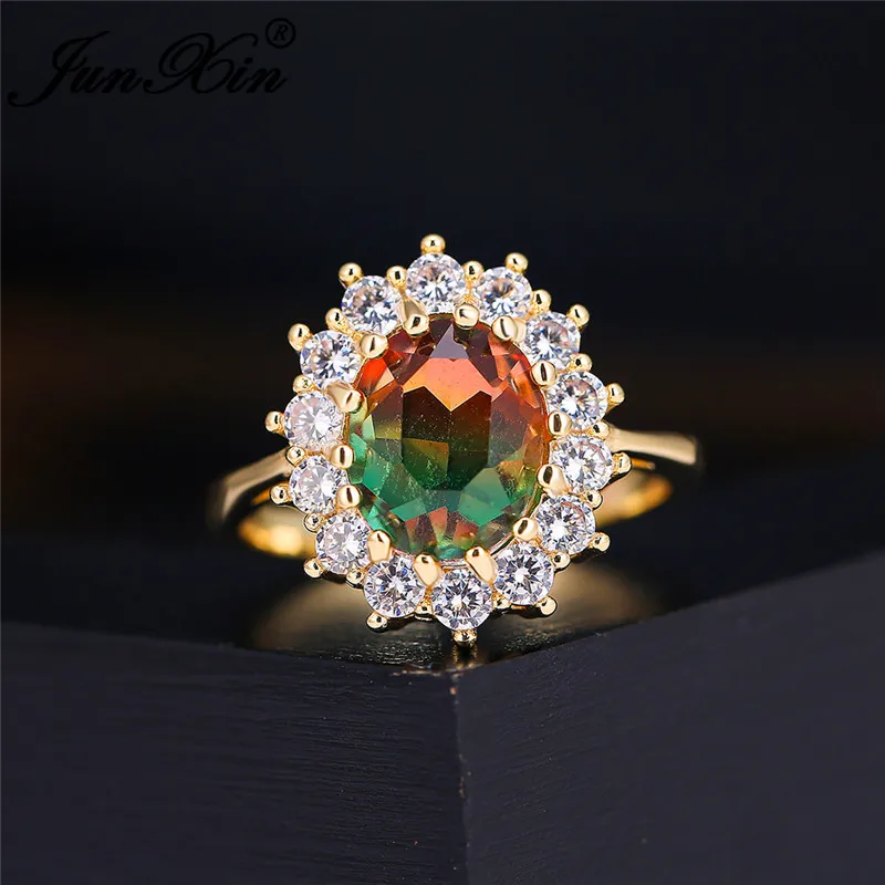 Oválne Gradient Červená Zelená Kameň Slnečnice Prstene Pre Ženy, Biele, Žlté Zlato Farieb Rainbow Crystal Fire Snubný Prsteň Kapela Šperky