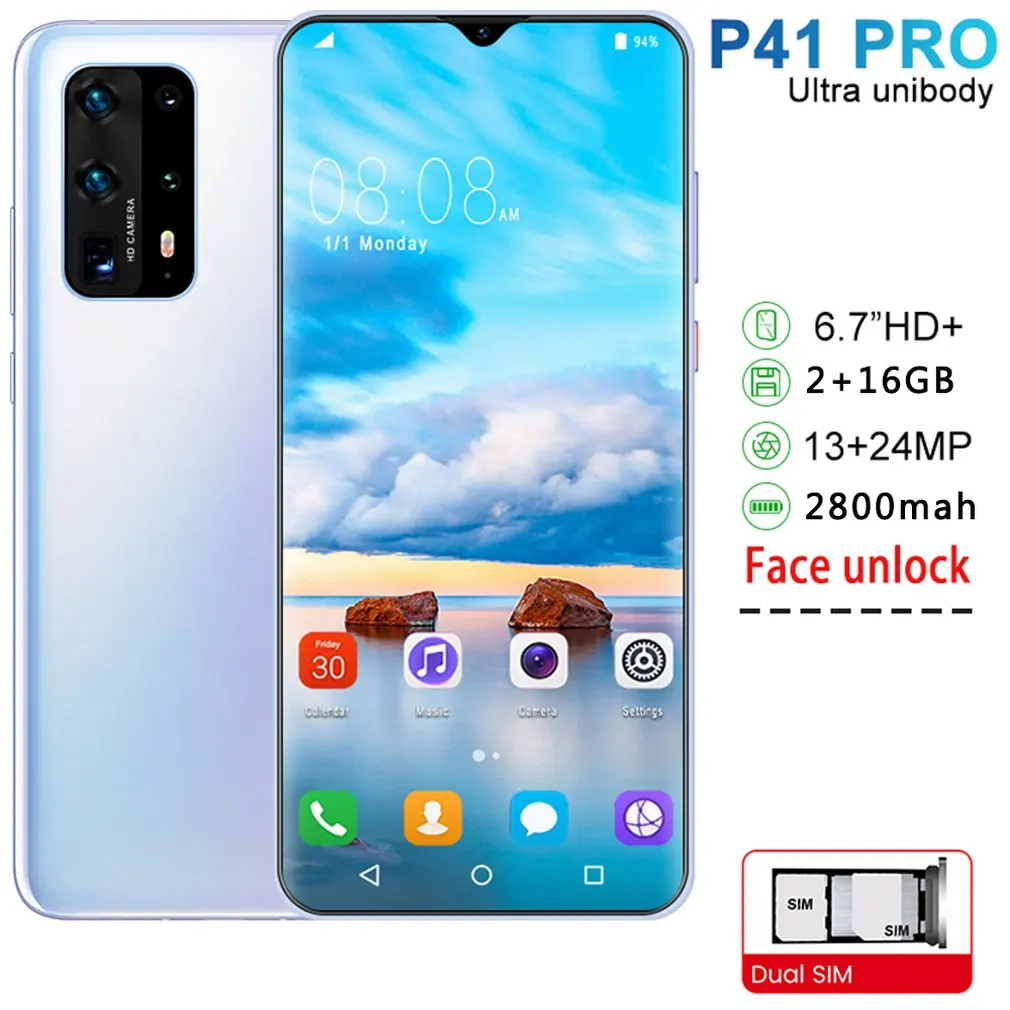 P41pro 6.7 palcový kvapka vody displej 2 + 16GB mobilný telefón, inteligentný telefón rozpoznávanie tvárí technológia telefón