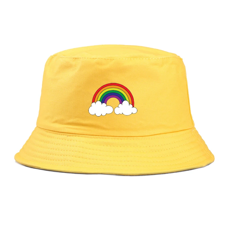 Panama Vedierko Hat Muži Ženy roztomilý rainbow tlače Lete Vedro Spp Yellow black Hat Bob Klobúk Hip Hop Gorros Rybársky Klobúk Rybár